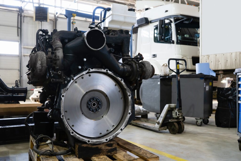 Motor de camión pesado desmontado sobre soporte, con el volante de inercia a la vista, en taller de reparación